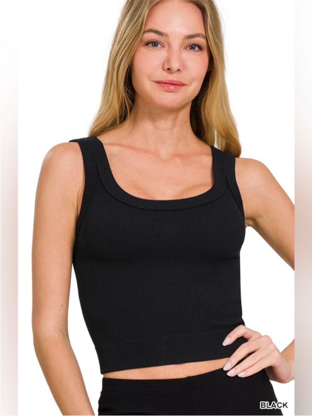 Zenana Black Seamless Ribbed Cropped Tank Top Scoop Neck S/M L/XL